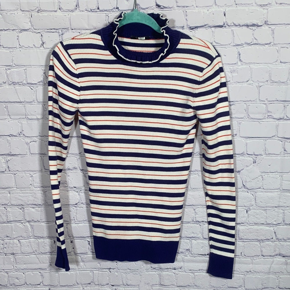 Scotch & Soda Womens Striped Rib Knit Lettuce Hem Mock Neck Sz L Blue Red Casual